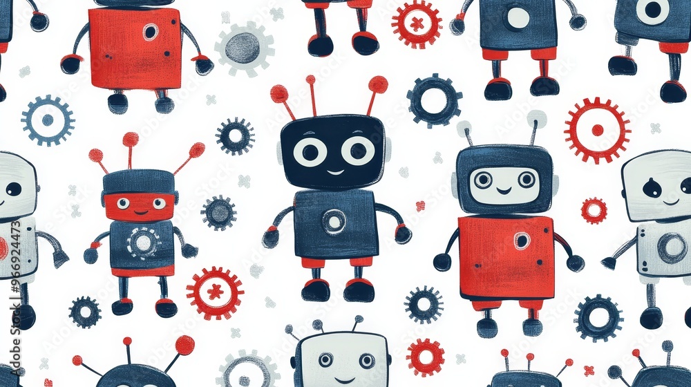 Poster cute robots and gears seamless pattern