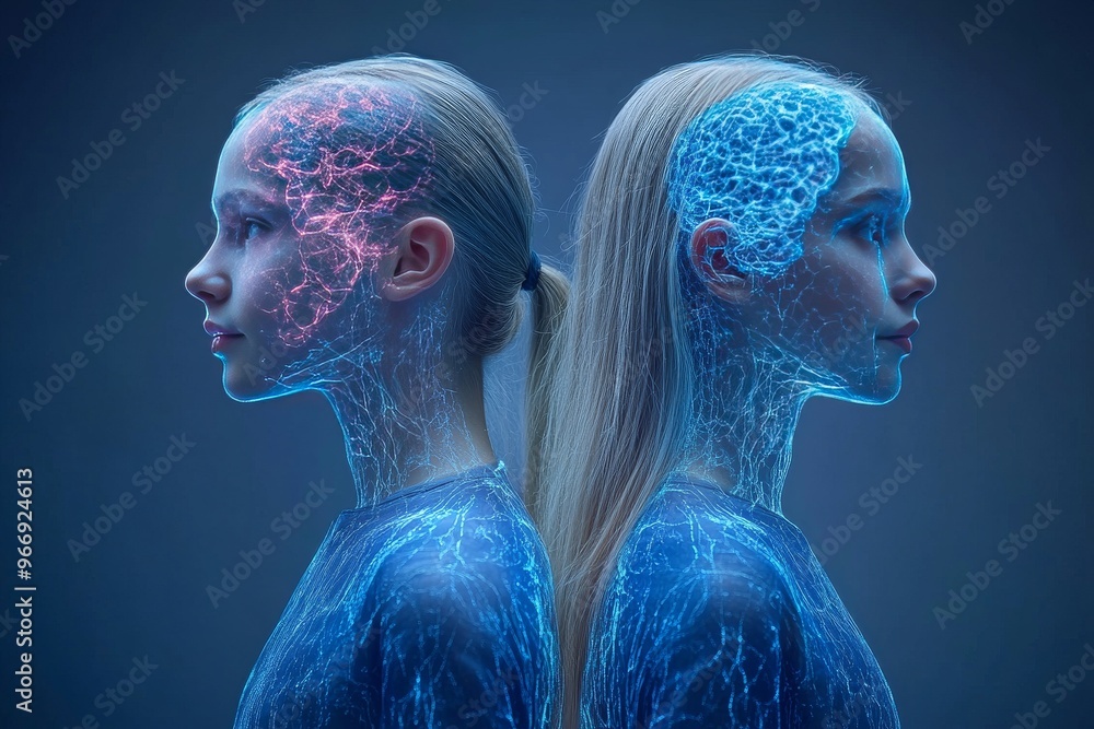 Poster affection warmth and neural two women facing each other with glowing neural overlays symbolizing dee
