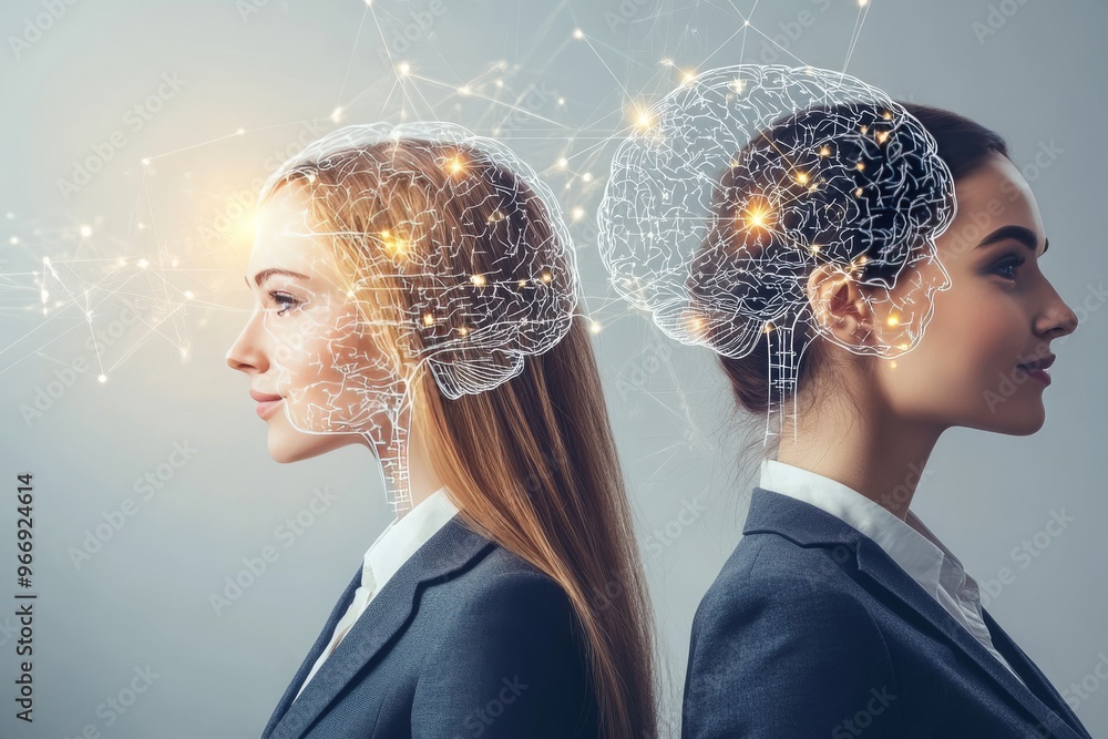 Poster thought memory and attachment two professional women with glowing brains representing mental synchro