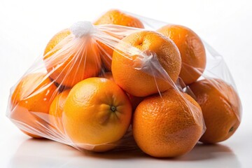 Still life of oranges in a plastic bag with shallow depth of field on white background