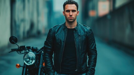 Fototapeta premium Edgy Street Style A rugged confident man in a leather jacket and ripped jeans standing next to his motorcycle in an industrial setting conveying a sense of urban rebellion and modern gritty lifestyle