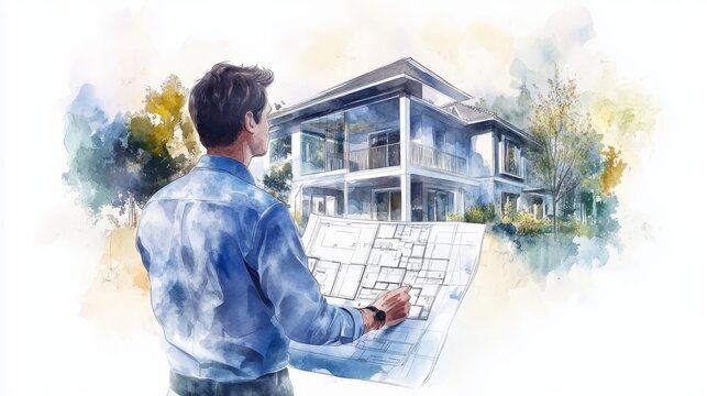 Architect Reviewing House Plans Watercolor Illustration