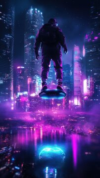 A futuristic hoverboard rider soars mid-air above a neon-lit cyberpunk cityscape at night