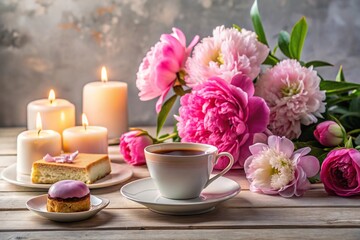 Still life scene with peonies, coffee cup, lit candle, and desserts