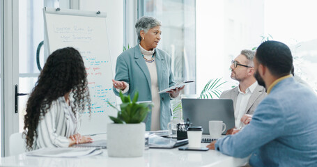 Meeting, presentation and boss with business people in office for planning, discussion and project...