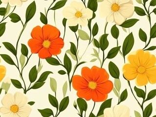 A vibrant floral pattern featuring orange and yellow flowers with green leaves on a light background.