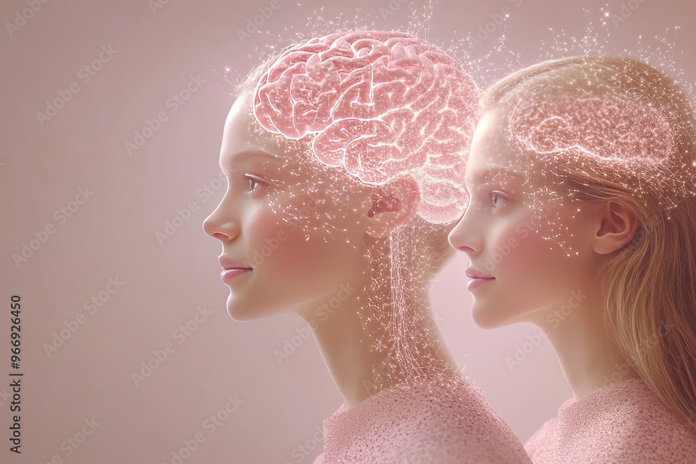 Poster energy bonding and memory two women in profile with glowing brains representing synchronization of t