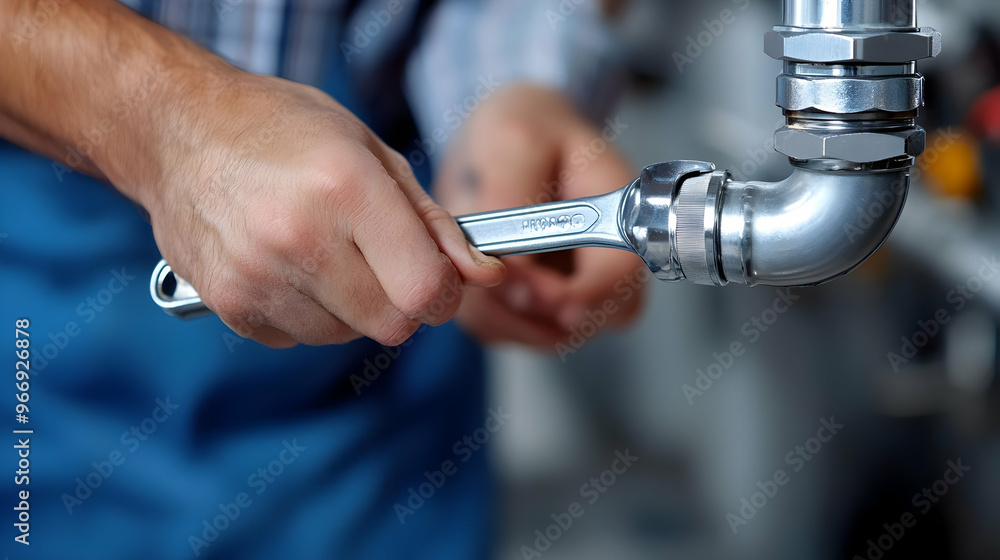 Poster a person using a wrench to tighten a pipe fitting in a mechanical setting.