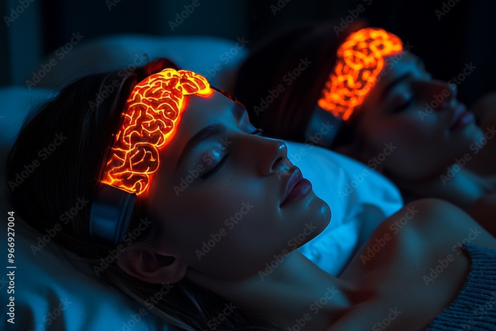 Poster thought interaction and human two people lying down with glowing neural headsets symbolizing sleep r