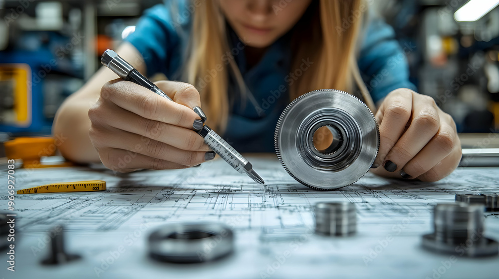 Poster a person working on engineering designs with precision tools and components.