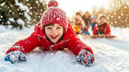 A happy child in red winter gear lies joyfully on the snow, with a bright smile and snowflakes sparkling around. Other children are in the background, enjoying the playful winter day.