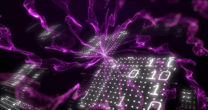 Animation of binary coding over purple shapes