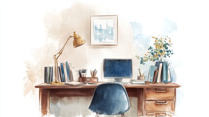 Watercolor Painting of a Home Office Desk with a Computer  Books  and a Plant