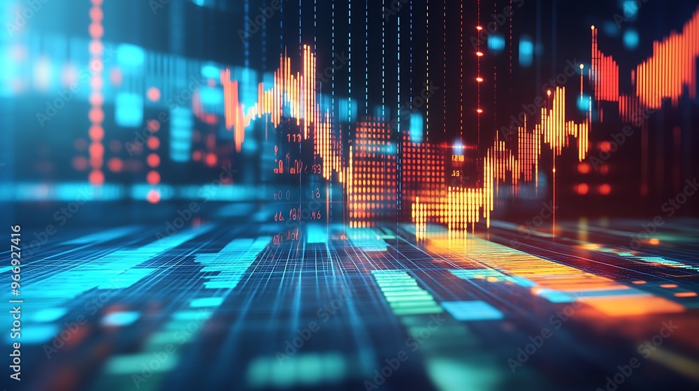 Aufkleber Abstract Digital Data Visualization with Glowing Lines and Bars