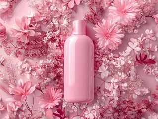 bottle of perfume with flowers, Sample of shampoo bottles in the middle of nature