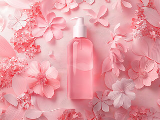 bottle of perfume with flowers, Sample of shampoo bottles in the middle of nature