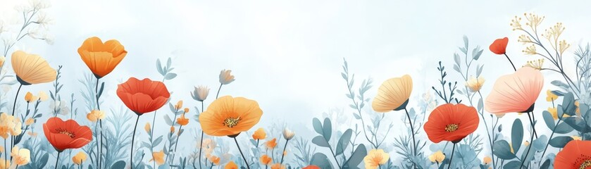 Naklejka premium Watercolor Floral Background with Poppies and Greenery