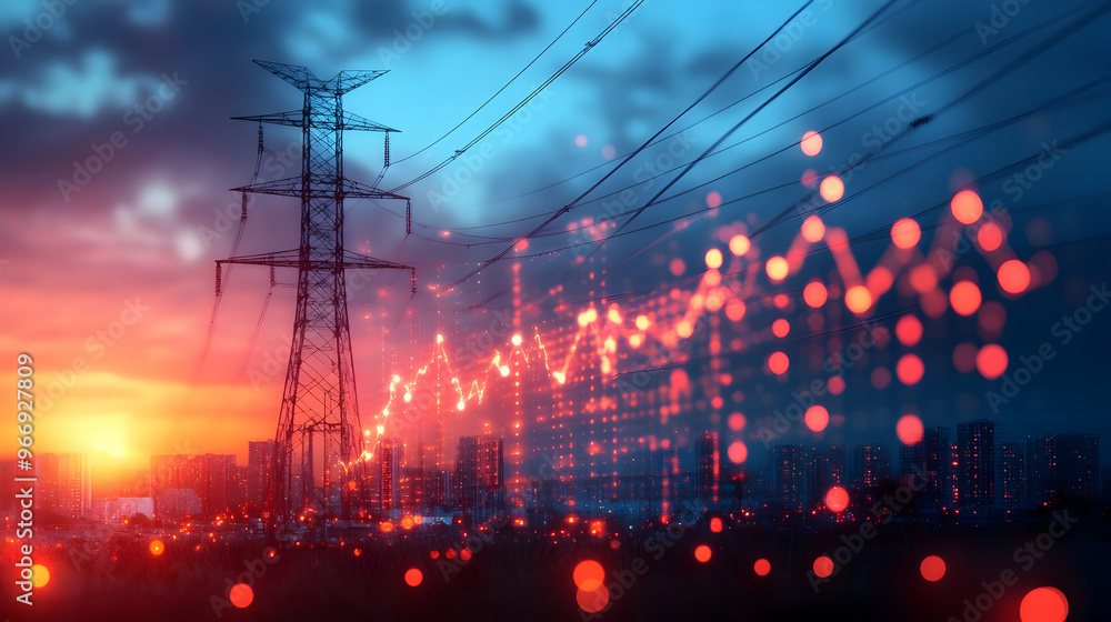 Poster a power line at sunset with digital data visualization elements.