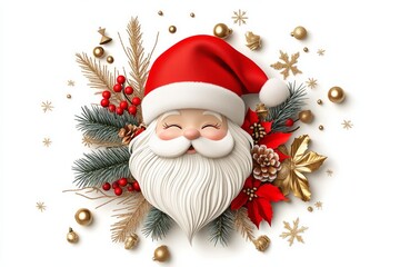 A festive illustration of a smiling Santa Claus surrounded by Christmas decorations including pine branches, red berries