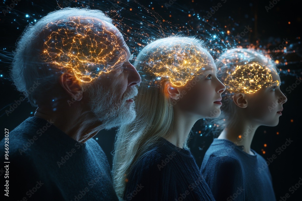 Poster memory attachment and mental family with glowing brains walking together symbolizing the generationa