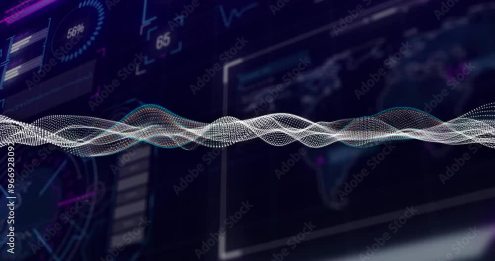 Poster animation of white shapes moving over data processing and world map