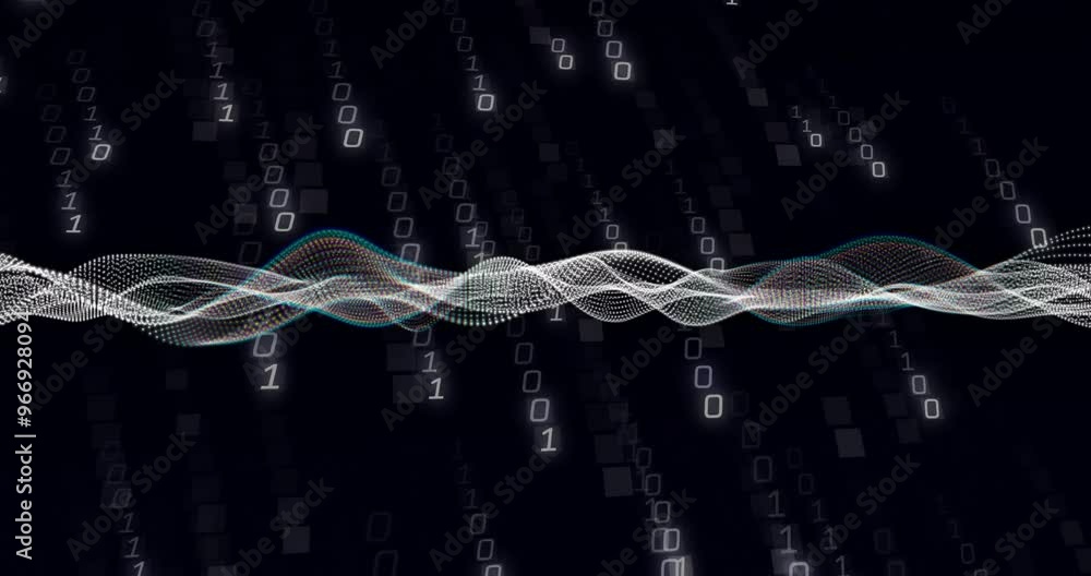 Poster animation of white shapes moving over binary coding