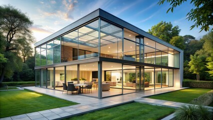 Fototapeta premium Modern glass house features clean lines, floor-to-ceiling windows, and a minimalist interior, providing a unique blend