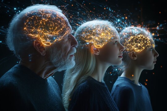 Memory attachment and mental family with glowing brains walking together symbolizing the generational connection of minds and shared experiences