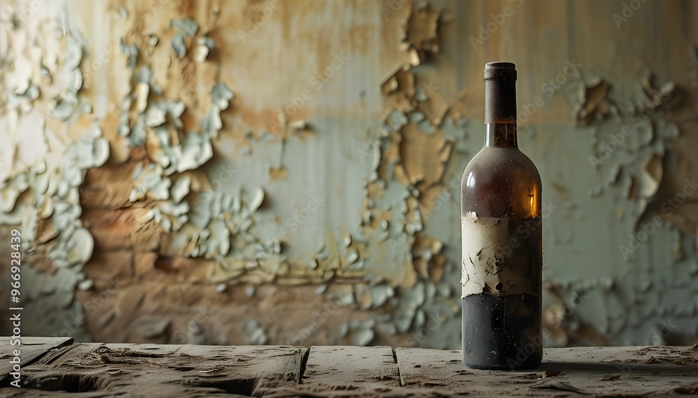 Wall mural echoes of time: an aged bottle on distressed wood amidst dusty peeling walls