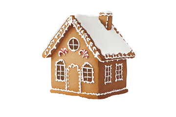 A beautifully crafted gingerbread house adorned with icing and candy, perfect for festive holiday decorations and baking traditions.