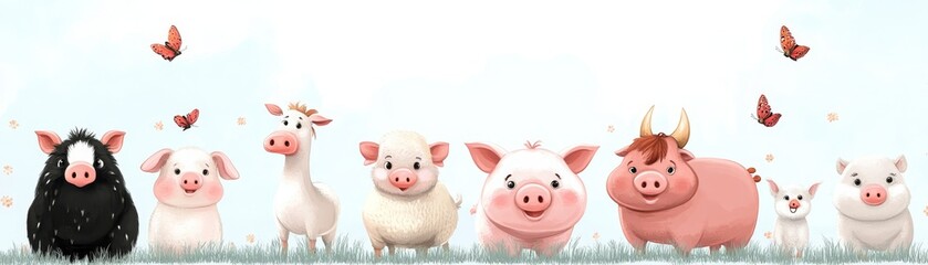 Obraz premium Cute Cartoon Pigs Cow and Goat with Butterflies Illustration