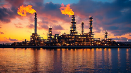 Obraz premium A refinery complex illuminated at sunset, with flames and reflections on water.