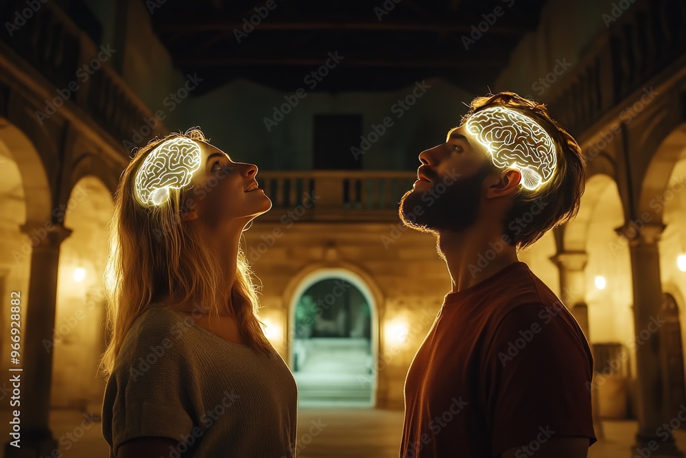 Poster love engagement and synchronization couple in historical setting with glowing neural brains symboliz
