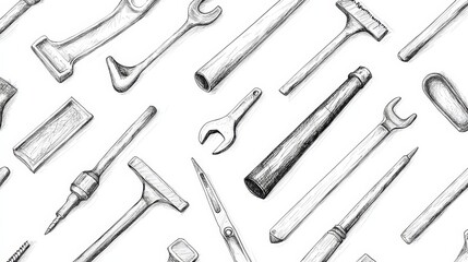 Naklejka premium Hand Drawn Tools Seamless Pattern Black and White Sketch Design