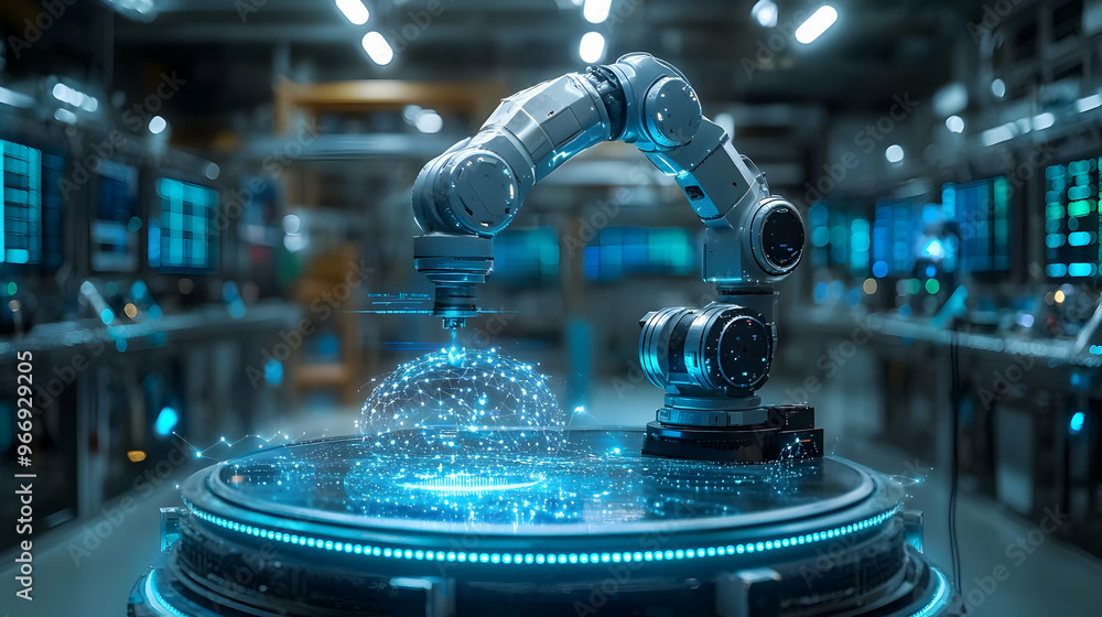 Poster a robotic arm manipulating digital particles in a high-tech industrial environment.
