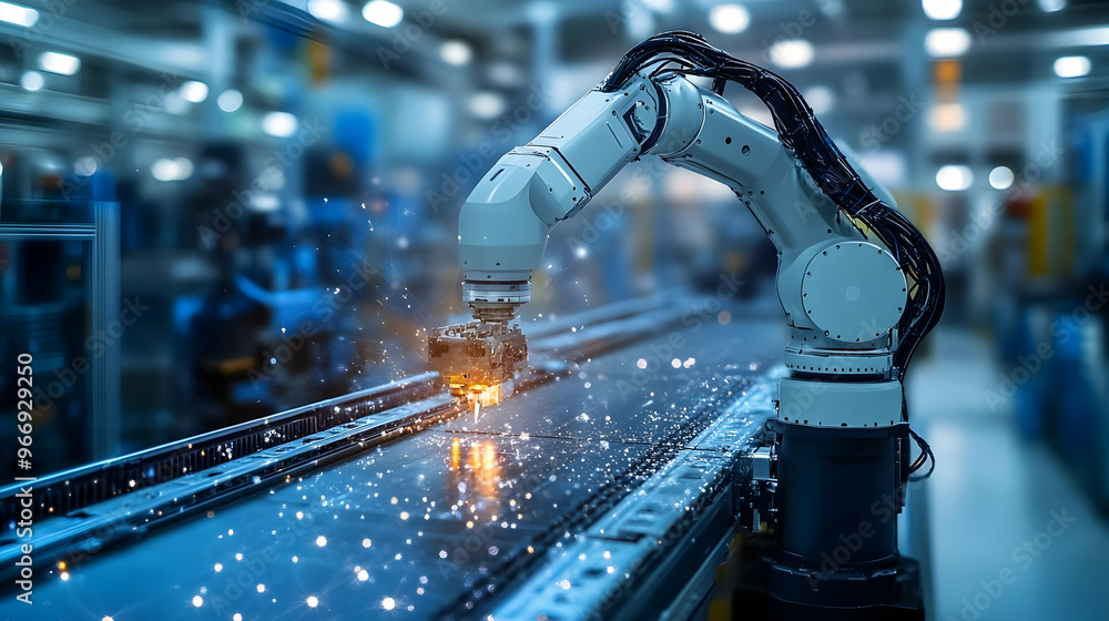 Aufkleber a robotic arm performing precision tasks in an industrial setting with sparks flying.