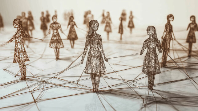 A group of women stand on a white surface, connected by a web of thin, brown lines