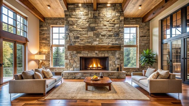 Stone fireplace in modern rustic house