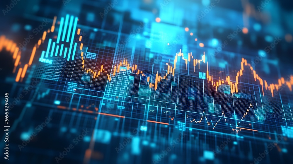 Poster abstract financial data visualization with blue and orange lines