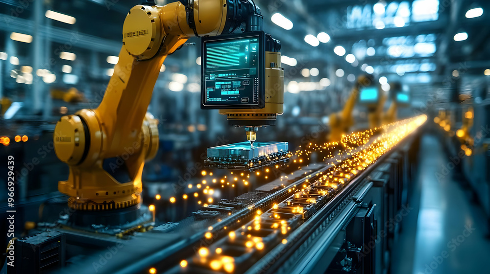 Poster a robotic arm working on an assembly line in a modern industrial setting.