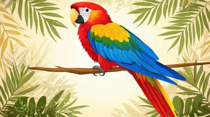 Obraz premium Tropical Parrot on Branch with Palm Leaves
