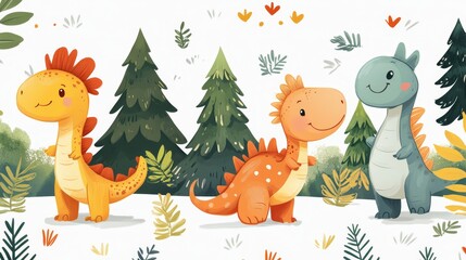 Fototapeta premium Cute Cartoon Dinosaurs in a Forest Setting