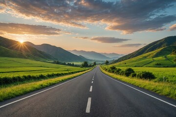 asphalt road square and green mountain with sky clouds natural landscape at sunrise