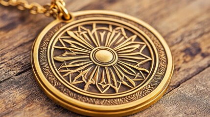 Golden Pendant with Ornate Design on Wooden Background