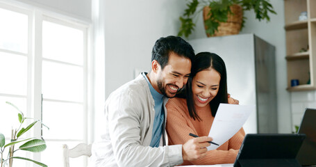 Kitchen, couple and happy with document for finance, track expenses and success for budget goals....