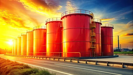 Obraz premium Storage tanks painted with red and yellow silhouettes on road
