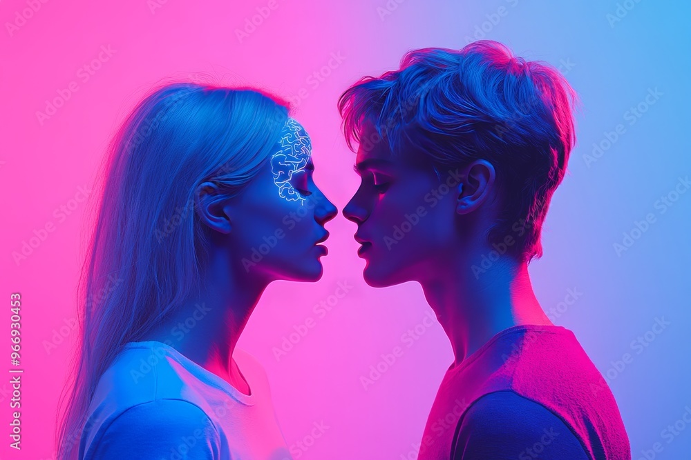 Poster connection thought and curiosity couple facing each other in neon light with neural patterns symboli