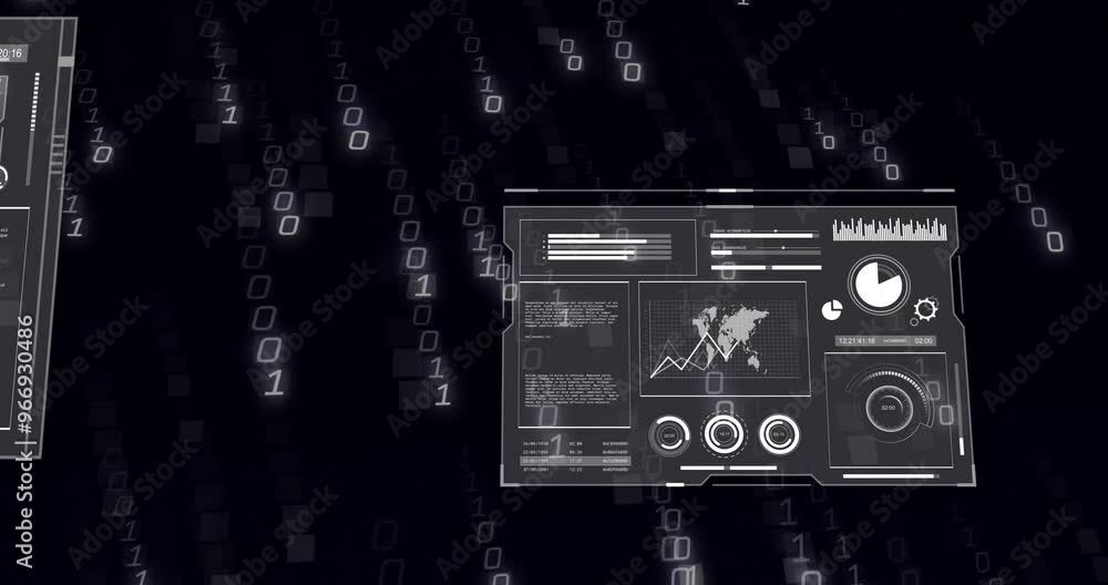 Poster animation of binary coding over data processing and diagrams with globe