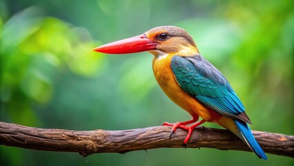Obraz premium Stork-billed kingfisher chick perched on tree branch