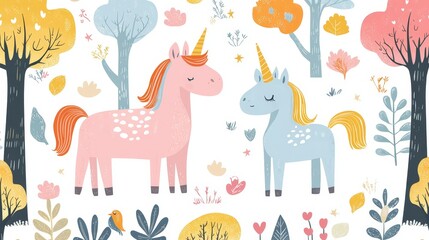 Obraz premium Cute Unicorns in a Magical Forest Seamless Pattern